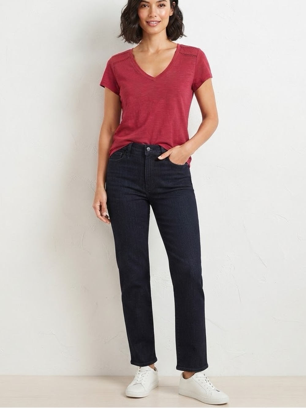 ✨ BANANA REPUBLIC Magenta Pink V Neck T Shirt Slub Knit Lace Shoulder XS $10 ❤️